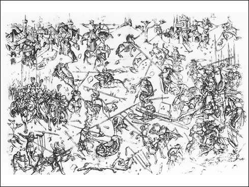 Bitva u Hiltersriedu 1433, mědiryt z 1. pol. 15. stol.