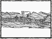 Nejstarší vyobrazení Prachatic. Rytina Jana Willenberga z počátku 17. století.