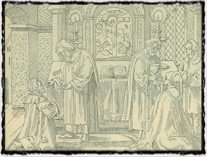 Přijímání podobojí dle vyobrazení z Husovy Postilly (vydání z roku 1564). copyright http://tyfoza.no-ip.com