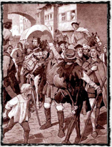 Němečtí mistři a studenti za posměšků Pražanů opuštějí město v květnu 1409. copyright http://www.svornost.com