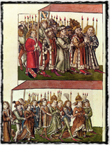 Zikmund s chotí Barborou Cellskou na koncilu v Kostnici. Vyobrazení z první poloviny 15. století. Copyright https://upload.wikimedia.org