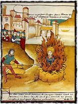 Hus v plamenech, obraz ze Spišské kroniky (1485). Copyright https://upload.wikimedia.org
