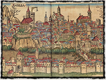 Veduta města Basileje z r. 1493 v Norimberské kronice, dřevořez (zdroj: Wikipedie).