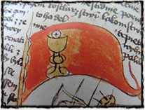Symbol kalicha na korouhvi (iluminace z manuskriptu - krátce po r. 1460)