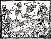 Tanec smrti jako dobová reakce na morové epidemie (Norimberská kronika, sklonek 15. století)
