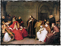 Kauza Husova trvala dlouhých pět let, začala v Praze a skončila v daleké Kostnici (Hus při slyšení s kostnickými kardinály, malba z 19. století)