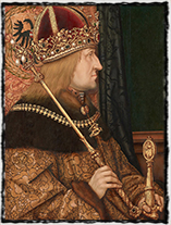 Císař Fridrich III. Habsburský, strýc a poručník Ladislava Pohrobka a pozdější souputník Jiříka z Poděbrad. Obraz z r. 1468 je dílem Hanse Burgkmaira st.
