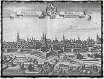 Město Vratislav, kde Zikmund pobýval v prvních měsících roku 1420 a kde došlo k vyhlášení I. křížové výpravy proti husitům (veduta Matthäuse Meriana st. z r. 1642).
